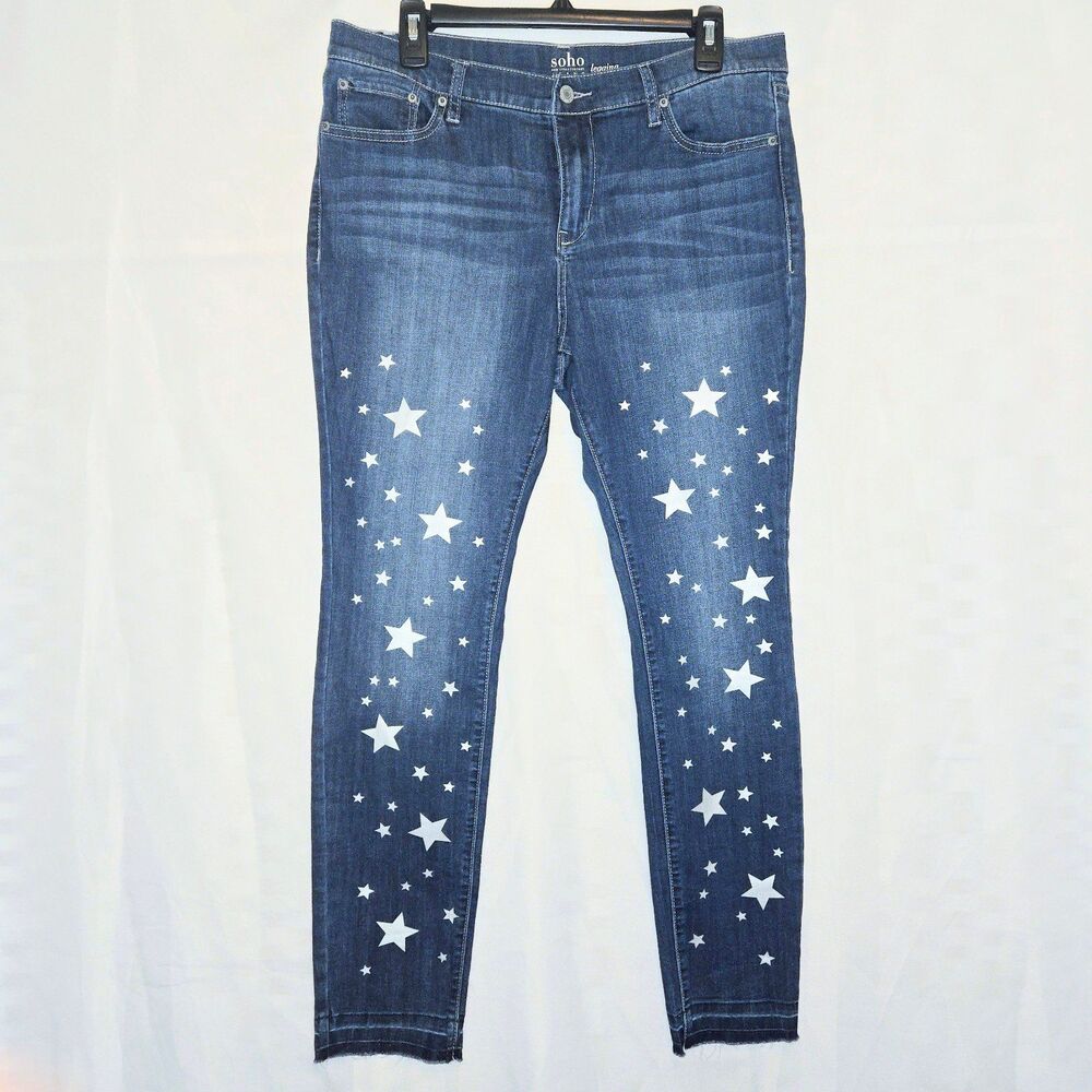 NEW YORK & CO SOHO Blue Jeans Leggings Raw Hem Silver Star Women Size 14 NEW NWT